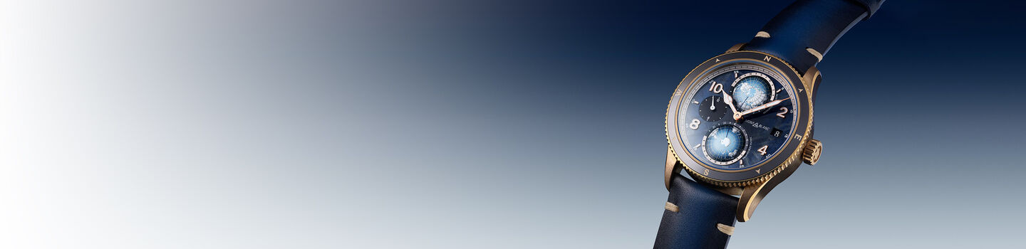 A Montblanc watch on a blue background,